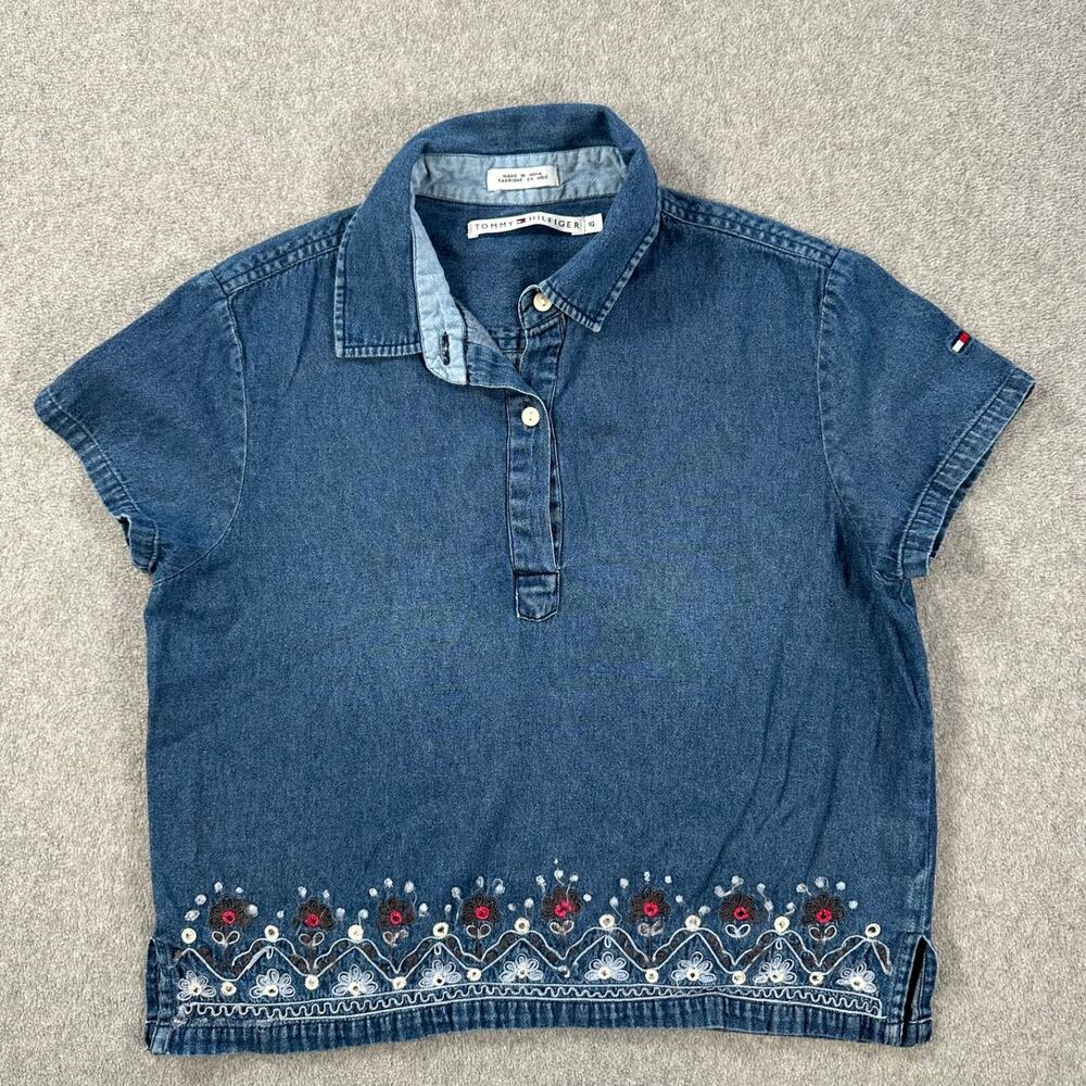 Tommy Hilfiger Women's 10 Floral Embroidered Blue Jean Denim Blouse Short Sleeve